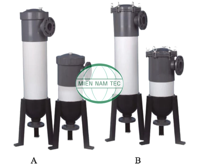 Bình lọc túi bằng nhựa uPVC thường được dùng để lọc dung dịch có độ mặn cao
