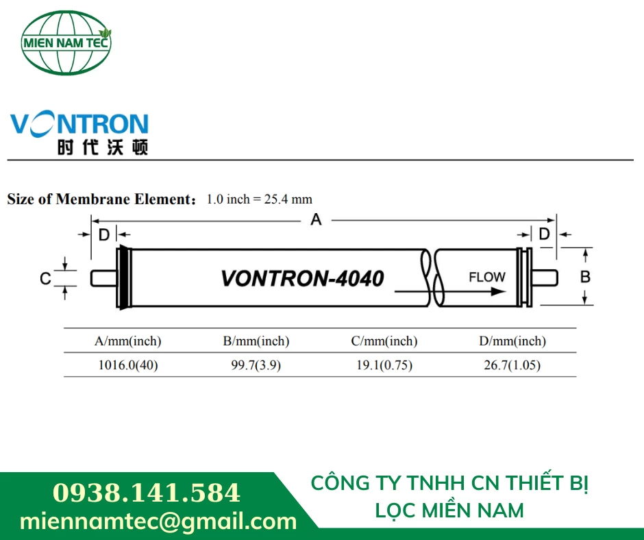kích thước màng ro 4040 áp cao vontron lp21 - 4040 