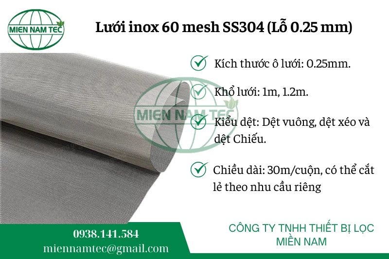 Lưới inox 60 mesh SS304 (Lỗ 0.25 mm)